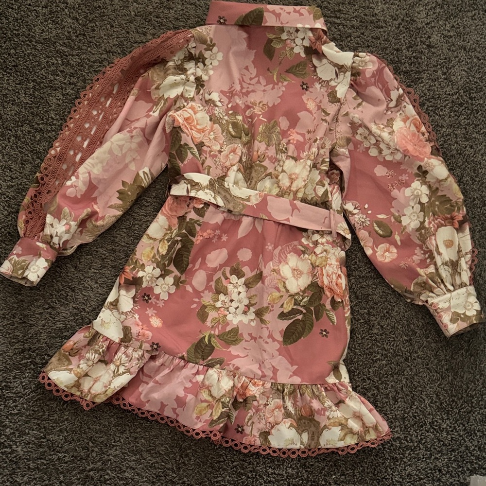 Floral Pink and Brown Dress with Belt - Picture 8 of 8